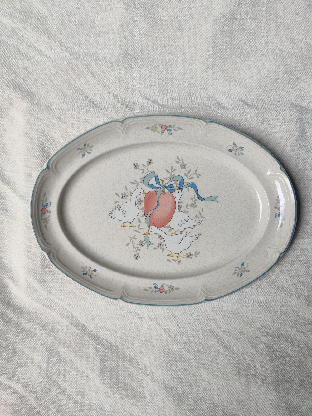 VTG Marmalade Country Geese Blue Ribbon Apple Platter Cottage 15x11 Int'l China